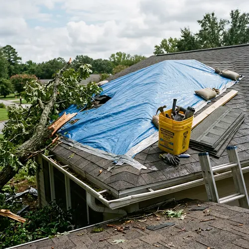 Blue tarp over a storm-damaged roof beside a fallen tree limb, water damage restoration in Idaho and Eastern Washington