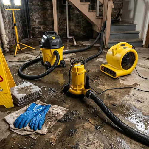 Wet stone basement with a yellow wet vacuum, pump, air mover, water damage restoration in Idaho and Eastern Washington